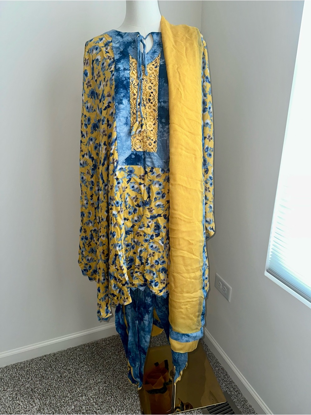 Blue and Yellow Floral Ethnic Kaftan Set with Dupatta